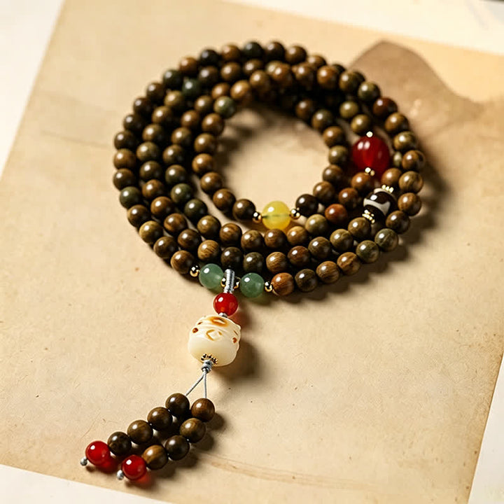 Buddha Stones グリーンサンダルウッドの静寂な手織り猫チャーム レトロエスニックマーラー数珠 - image 1