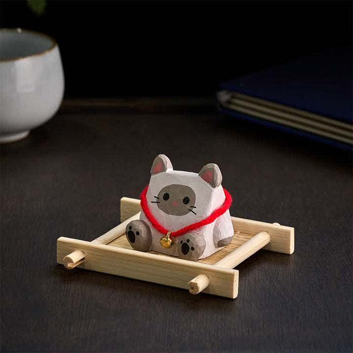 Buddha Stones シナノキ材のかわいい動物の手彫りデスク装飾 - 猫 - image 0