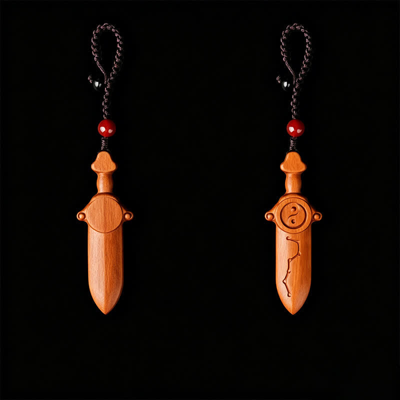 Buddha Stones ナツメ材の陰陽バランス彫刻入り剣型キーホルダー - image 4