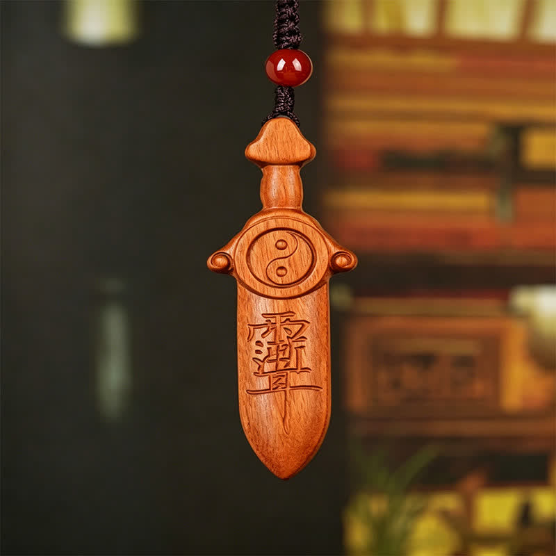 Buddha Stones ナツメ材の陰陽バランス彫刻入り剣型キーホルダー - image 2