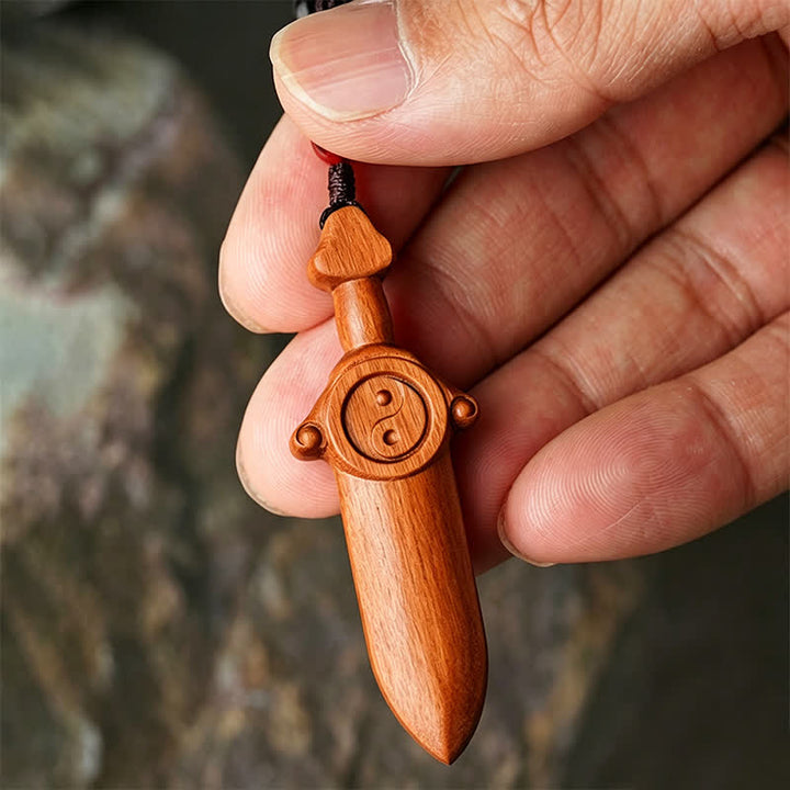 Buddha Stones ナツメ材の陰陽バランス彫刻入り剣型キーホルダー - image 9
