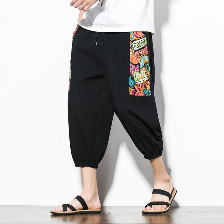 Buddha Stones 夏用カジュアルボヘミアン風ドローストリング抽象柄カプリパンツ メンズハーレムパンツ ポケット付き - image 14