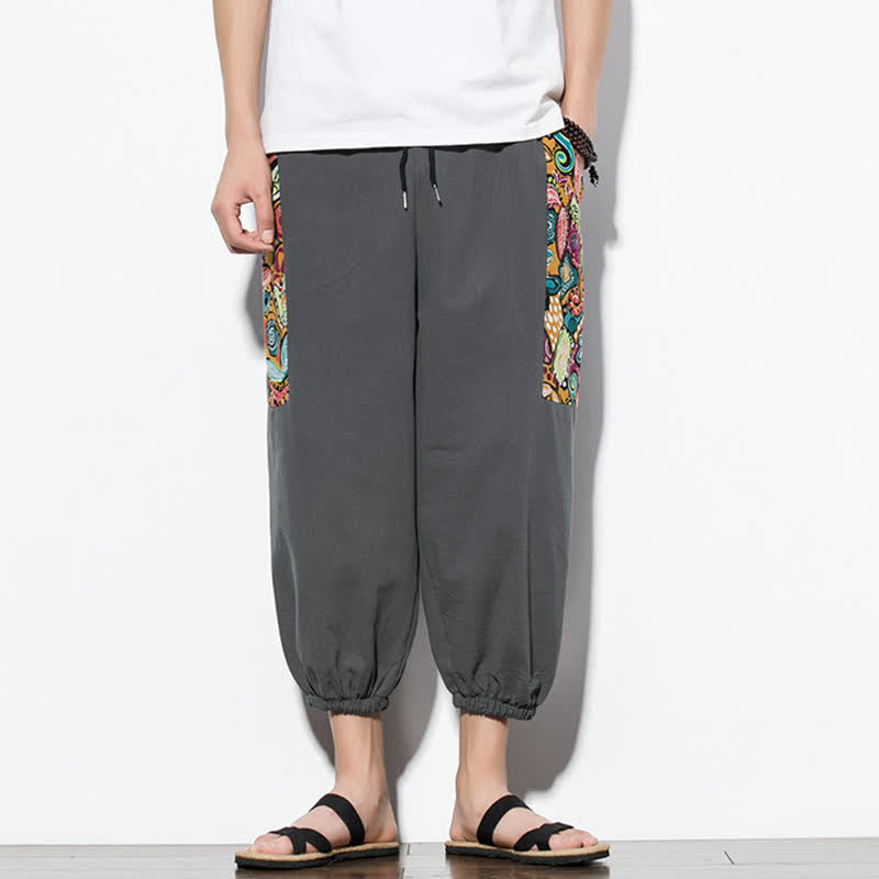 Buddha Stones 夏用カジュアルボヘミアン風ドローストリング抽象柄カプリパンツ メンズハーレムパンツ ポケット付き - image 1