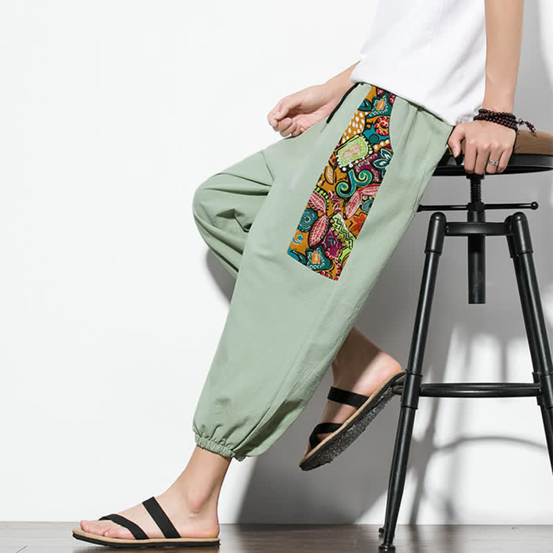 Buddha Stones 夏用カジュアルボヘミアン風ドローストリング抽象柄カプリパンツ メンズハーレムパンツ ポケット付き - image 29