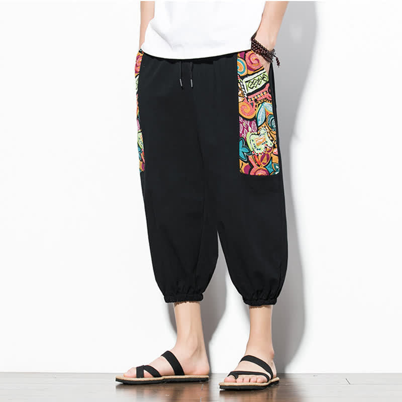 Buddha Stones 夏用カジュアルボヘミアン風ドローストリング抽象柄カプリパンツ メンズハーレムパンツ ポケット付き - image 15