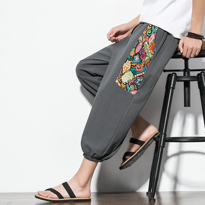 Buddha Stones 夏用カジュアルボヘミアン風ドローストリング抽象柄カプリパンツ メンズハーレムパンツ ポケット付き - image 8