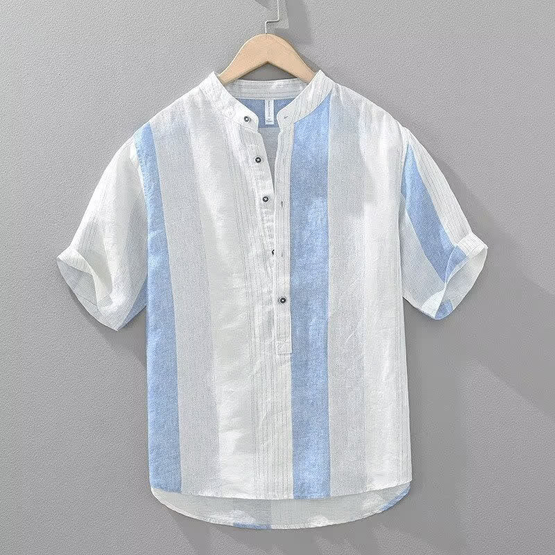 Buddha Stones 夏物カジュアル 唐草風 マンダリンカラー ストライプ メンズ半袖シャツ - パウダーブルー - US/UK/AU42, EU52 （3XL） - image 1
