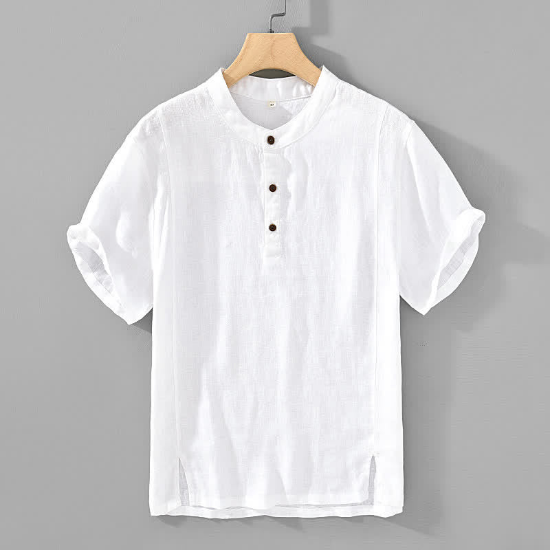 Buddha Stones 夏物 唐風 カジュアル マンダリンカラー ボタンアップ 無地 メンズ 半袖シャツ - 白 - US/UK/AU44, EU54 （4XL） - image 10