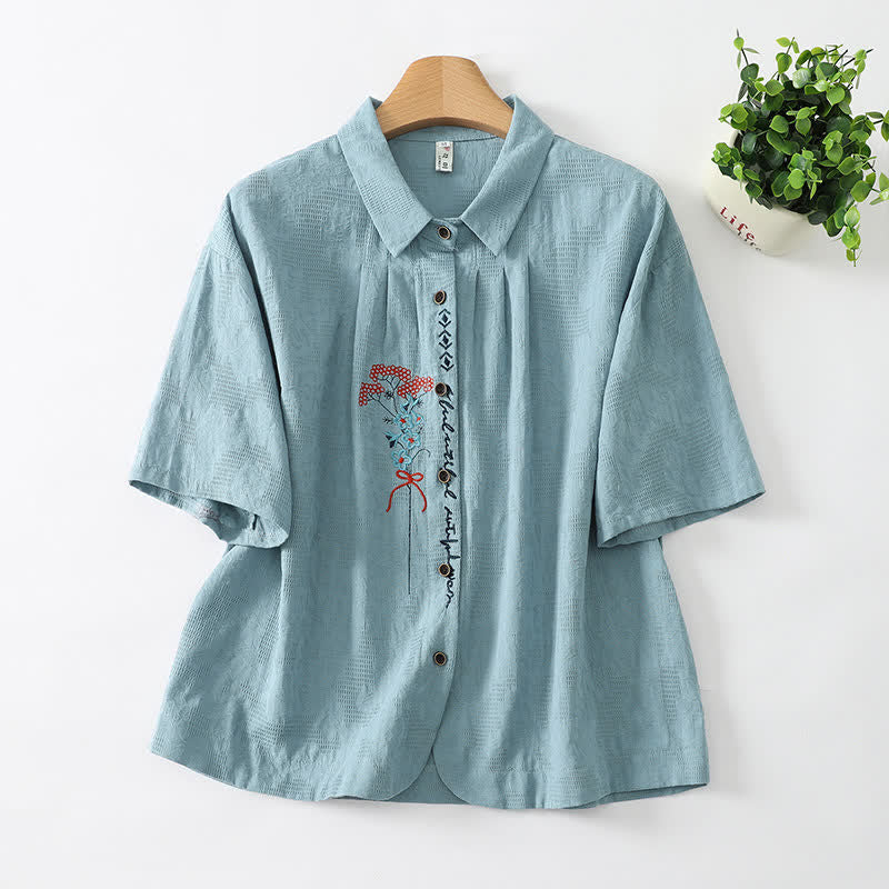 Buddha Stones 夏物カジュアルヴィンテージ風ボタンアップ刺繍花柄レディース半袖シャツ - カデットブルー - US8-10, UK/AU12-14, EU40-42 （2XL） - image 1