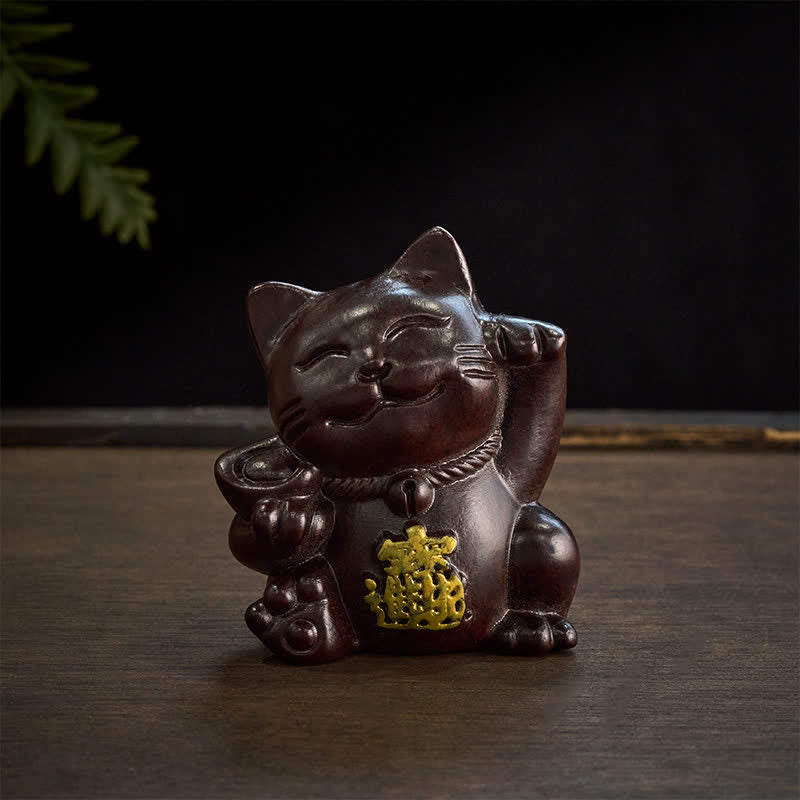 Buddha Stones 富を引き寄せる招き猫の黒檀彫刻の良縁祈願装飾 - image 3