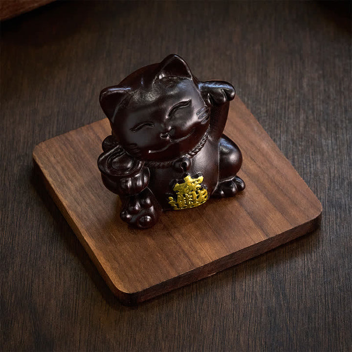 Buddha Stones 富を引き寄せる招き猫の黒檀彫刻の良縁祈願装飾 - image 6