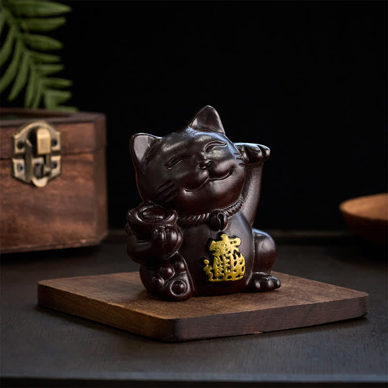 Buddha Stones 富を引き寄せる招き猫の黒檀彫刻の良縁祈願装飾 - image 4