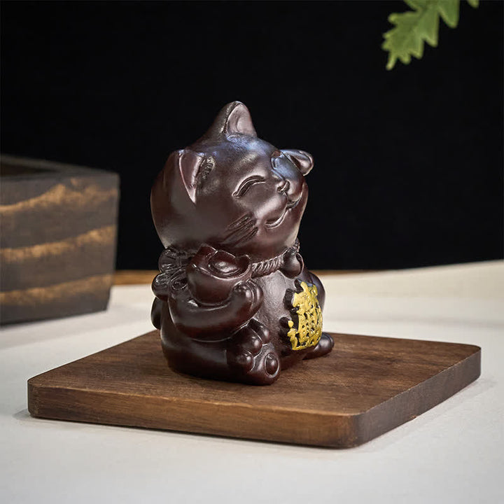 Buddha Stones 富を引き寄せる招き猫の黒檀彫刻の良縁祈願装飾 - image 5