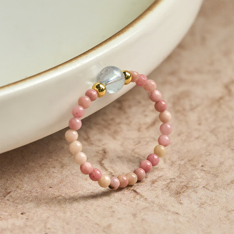 Buddha Stones 2mmミニビーズ 天然ロードナイト アクアマリン トパーズ ローズクォーツ ヒーリング用伸縮リング - image 1