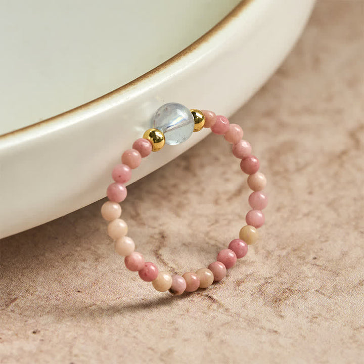 Buddha Stones 2mmミニビーズ 天然ロードナイト アクアマリン トパーズ ローズクォーツ ヒーリング用伸縮リング - image 1