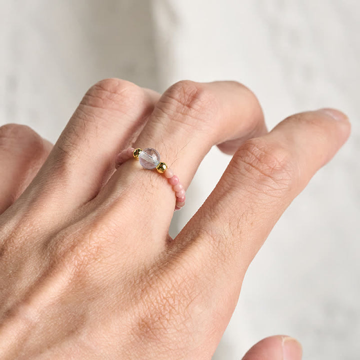 Buddha Stones 2mmミニビーズ 天然ロードナイト アクアマリン トパーズ ローズクォーツ ヒーリング用伸縮リング - image 4