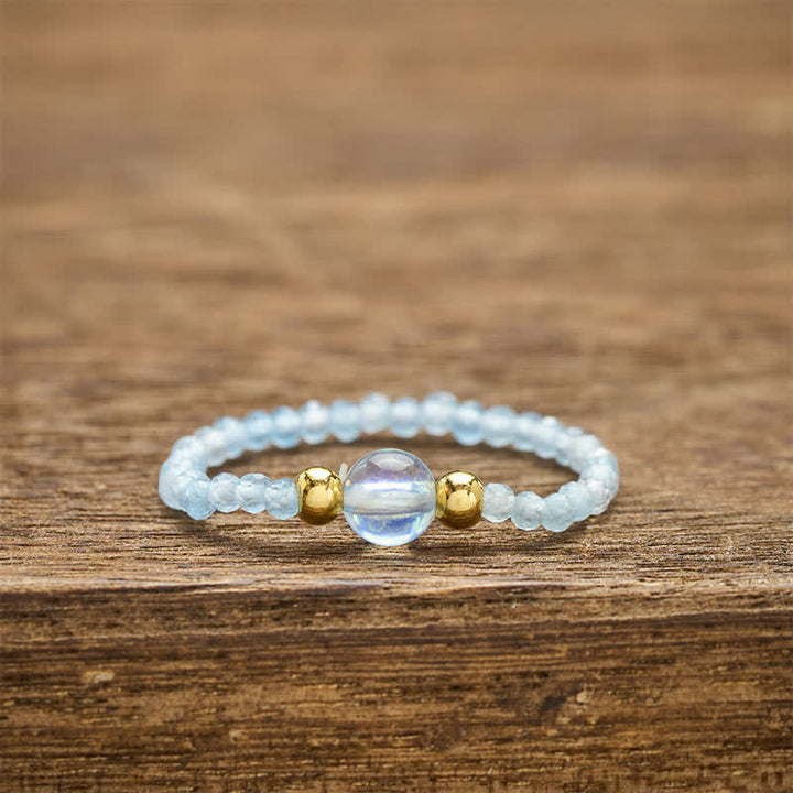 Buddha Stones 2mmミニビーズ 天然ロードナイト アクアマリン トパーズ ローズクォーツ ヒーリング用伸縮リング - 天然アクアマリン（色味は個体差があります）（2mm+4mm） - image 19