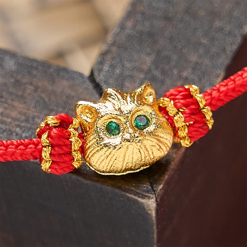 Buddha Stones 手織りの赤紐で作られたかわいい猫の幸運ブレスレット - image 5