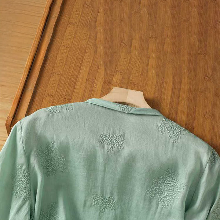 Buddha Stones 夏物 唐風 ヴィンテージ マンダリンカラー カエルボタン刺繍 無地 レディース 半袖シャツ - image 3