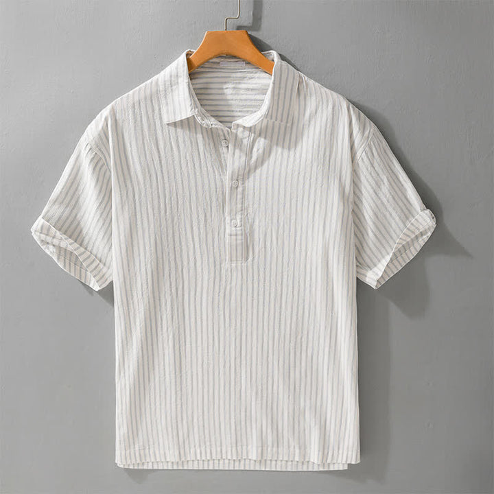 Buddha Stones 夏物カジュアルミニマリストハーフボタンストライプコットンメンズ半袖シャツ - ベージュ - US/UK/AU42, EU52 （3XL） - image 9