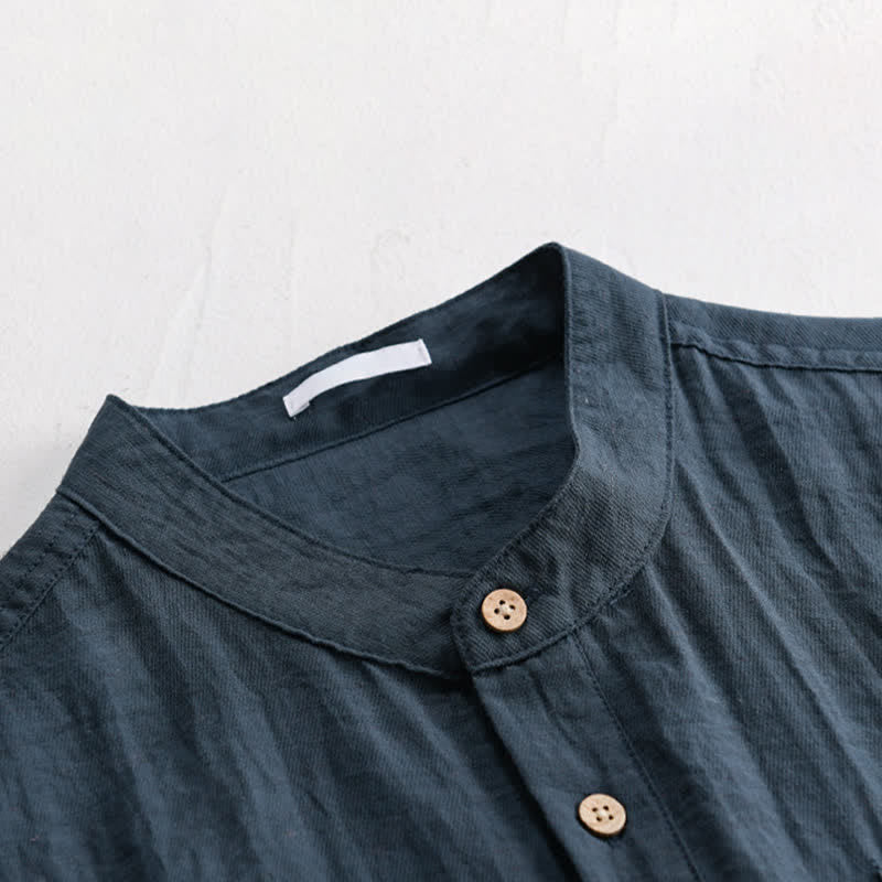 Buddha Stones 夏物 唐風 カジュアル マンダリンカラー ハーフボタン 無地 メンズ 半袖シャツ パッチポケット付き - image 7