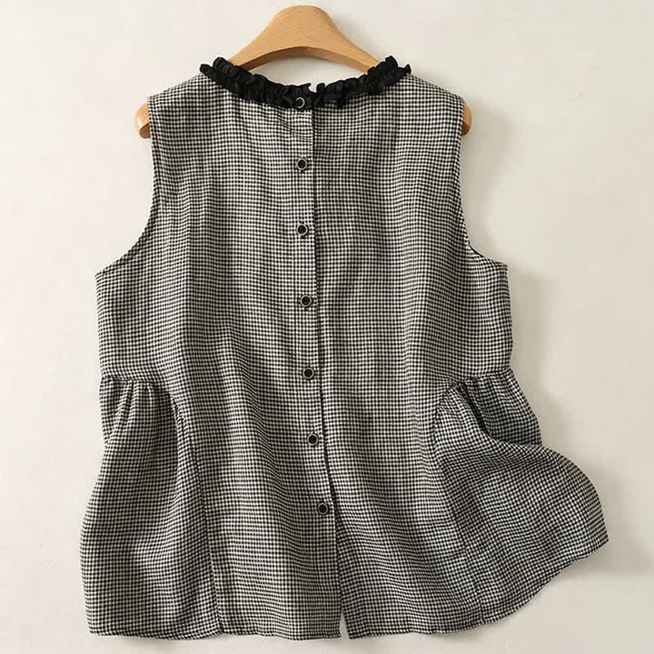 Buddha Stones 夏物カジュアル ヴィンテージチェック柄 バックボタンアップ タンクトップ レディース ノースリーブシャツ - image 1