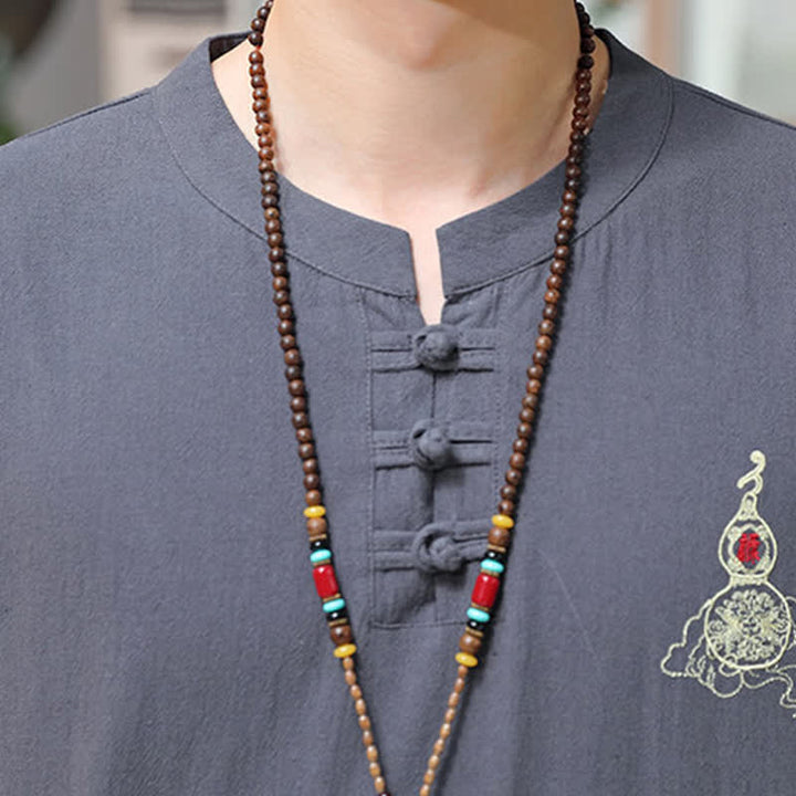 Buddha Stones 夏唐風 カエルボタン刺繍 ひょうたん柄 無地 メンズ半袖シャツ - image 17