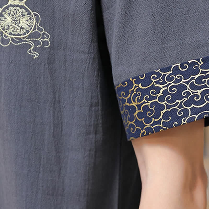 Buddha Stones 夏唐風 カエルボタン刺繍 ひょうたん柄 無地 メンズ半袖シャツ - image 20