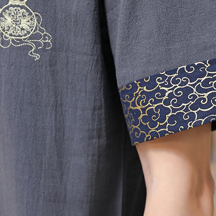 Buddha Stones 夏唐風 カエルボタン刺繍 ひょうたん柄 無地 メンズ半袖シャツ - image 20