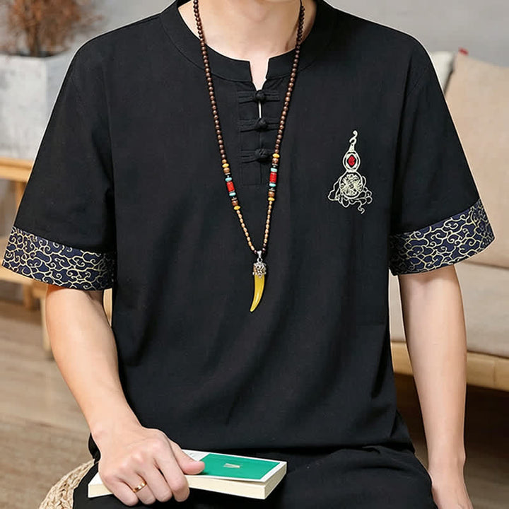Buddha Stones 夏唐風 カエルボタン刺繍 ひょうたん柄 無地 メンズ半袖シャツ - image 7