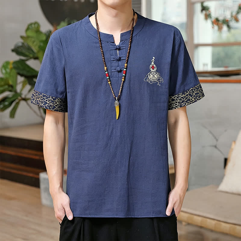 Buddha Stones 夏唐風 カエルボタン刺繍 ひょうたん柄 無地 メンズ半袖シャツ - スチールブルー - US/UK/AU46, EU56 （5XL） - image 0