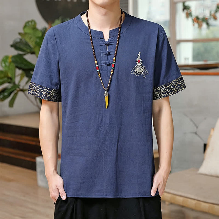 Buddha Stones 夏唐風 カエルボタン刺繍 ひょうたん柄 無地 メンズ半袖シャツ - スチールブルー - US/UK/AU46, EU56 （5XL） - image 0