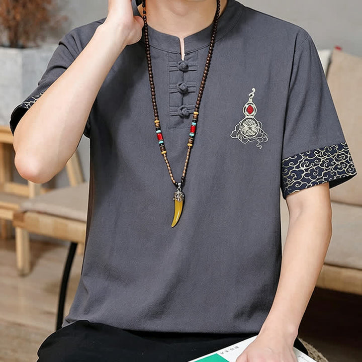 Buddha Stones 夏唐風 カエルボタン刺繍 ひょうたん柄 無地 メンズ半袖シャツ - image 15