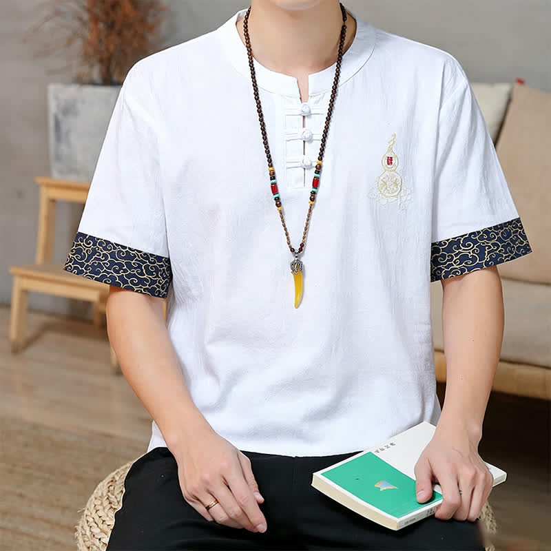 Buddha Stones 夏唐風 カエルボタン刺繍 ひょうたん柄 無地 メンズ半袖シャツ - image 26