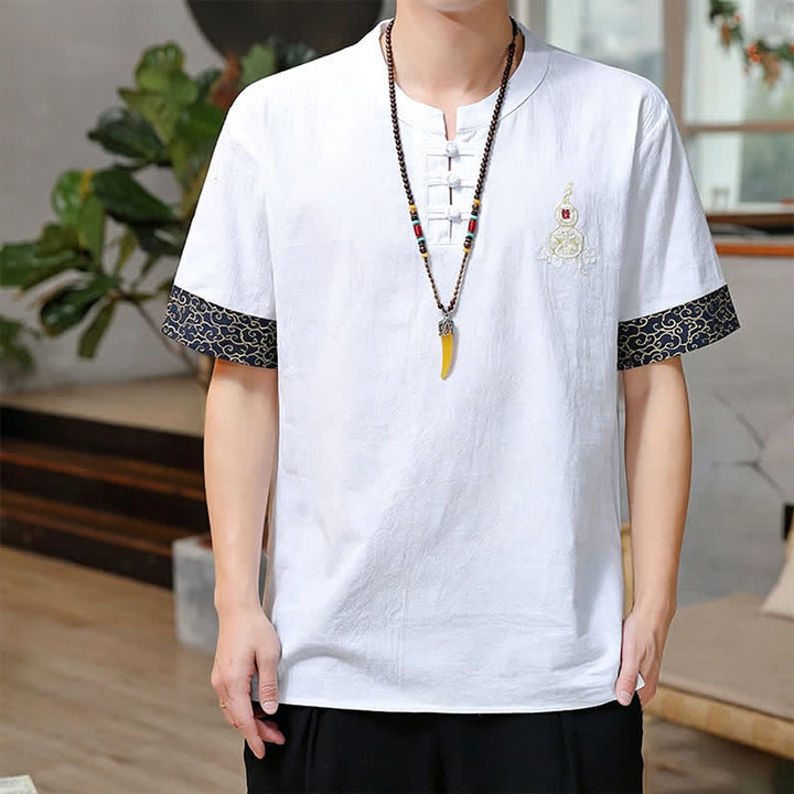 Buddha Stones 夏唐風 カエルボタン刺繍 ひょうたん柄 無地 メンズ半袖シャツ - 白 - US/UK/AU46, EU56 （5XL） - image 23