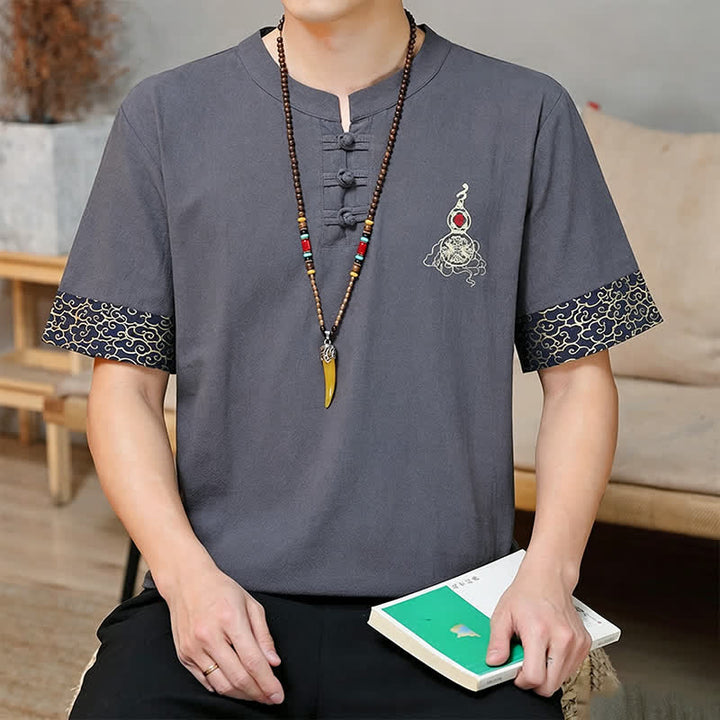 Buddha Stones 夏唐風 カエルボタン刺繍 ひょうたん柄 無地 メンズ半袖シャツ - image 13