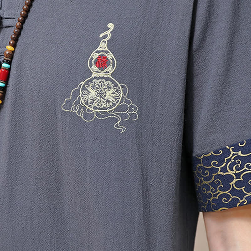 Buddha Stones 夏唐風 カエルボタン刺繍 ひょうたん柄 無地 メンズ半袖シャツ - image 19
