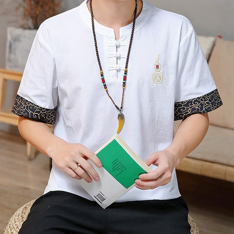 Buddha Stones 夏唐風 カエルボタン刺繍 ひょうたん柄 無地 メンズ半袖シャツ - image 27