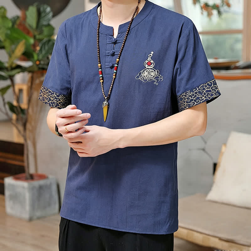 Buddha Stones 夏唐風 カエルボタン刺繍 ひょうたん柄 無地 メンズ半袖シャツ - image 1