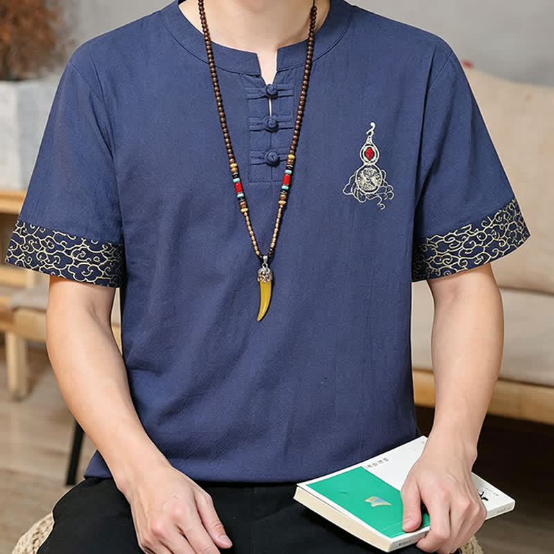 Buddha Stones 夏唐風 カエルボタン刺繍 ひょうたん柄 無地 メンズ半袖シャツ - image 4