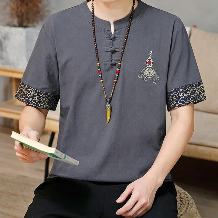 Buddha Stones 夏唐風 カエルボタン刺繍 ひょうたん柄 無地 メンズ半袖シャツ - image 14