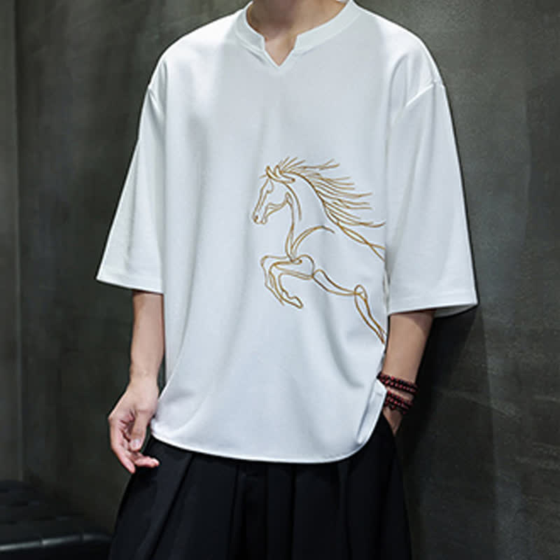 Buddha Stones 夏物カジュアルミニマリスト刺繍ホース柄コットンメンズ半袖Tシャツ - image 7