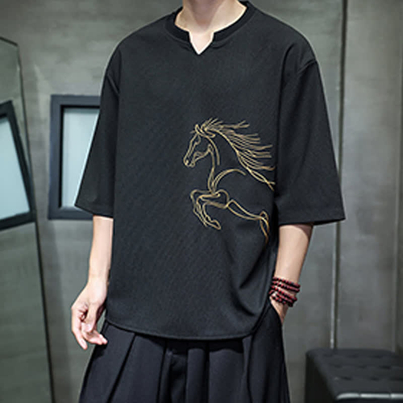 Buddha Stones 夏物カジュアルミニマリスト刺繍ホース柄コットンメンズ半袖Tシャツ - image 14