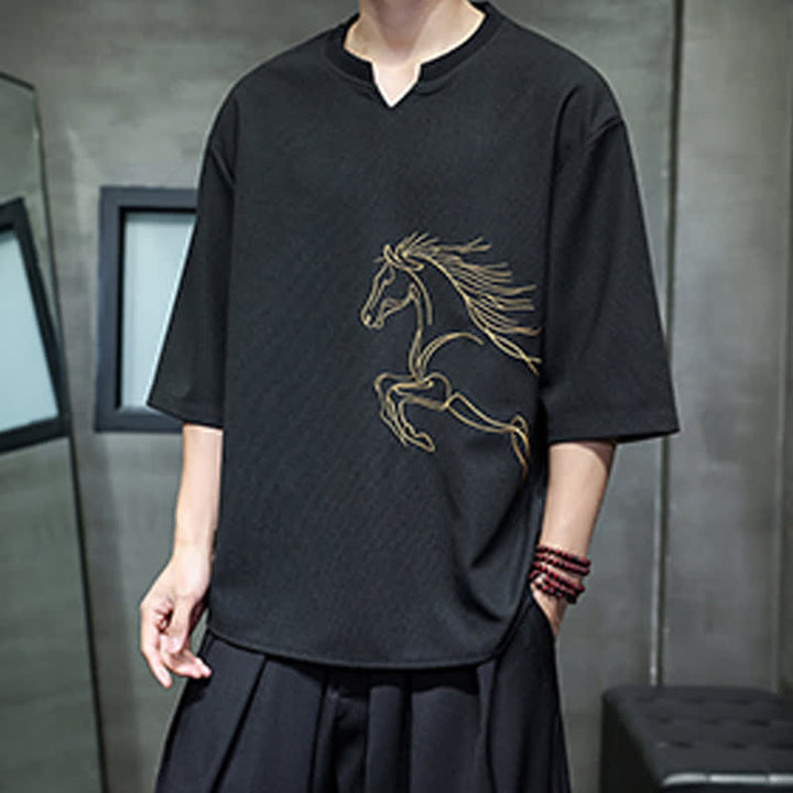 Buddha Stones 夏物カジュアルミニマリスト刺繍ホース柄コットンメンズ半袖Tシャツ - image 14