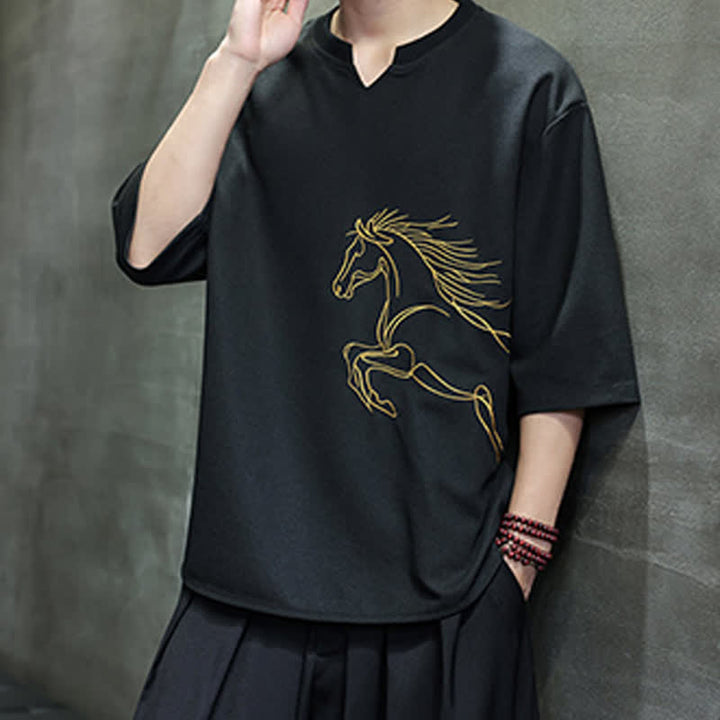 Buddha Stones 夏物カジュアルミニマリスト刺繍ホース柄コットンメンズ半袖Tシャツ - image 13