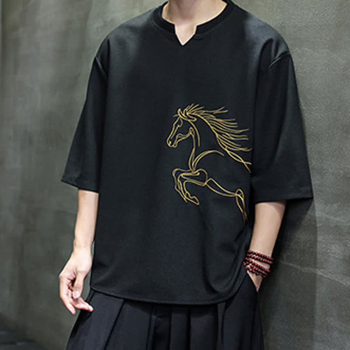 Buddha Stones 夏物カジュアルミニマリスト刺繍ホース柄コットンメンズ半袖Tシャツ - image 12