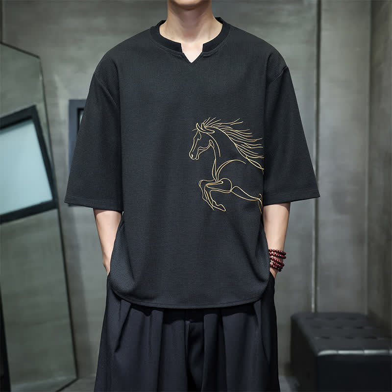 Buddha Stones 夏物カジュアルミニマリスト刺繍ホース柄コットンメンズ半袖Tシャツ - 黒 - US/UK/AU46、 EU56 (5XL) - image 8