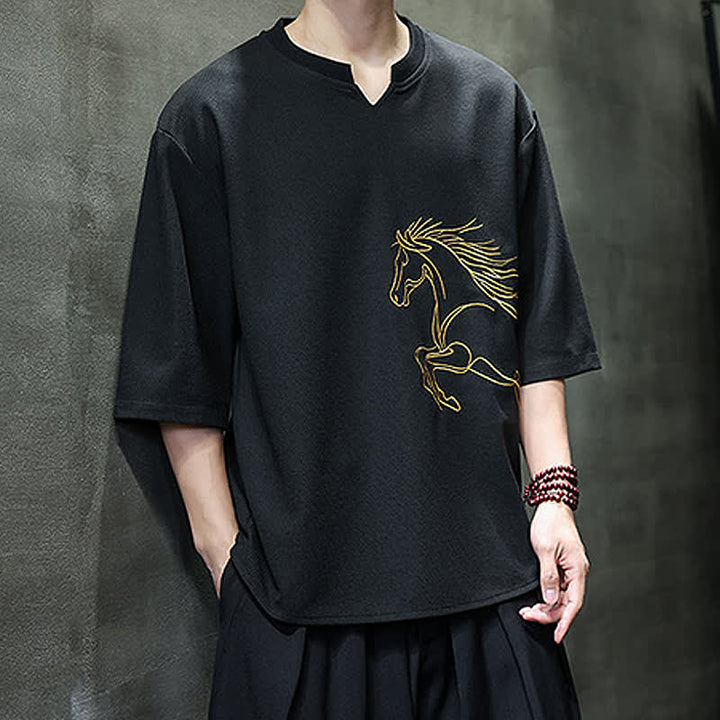 Buddha Stones 夏物カジュアルミニマリスト刺繍ホース柄コットンメンズ半袖Tシャツ - image 15
