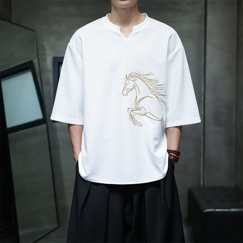 Buddha Stones 夏物カジュアルミニマリスト刺繍ホース柄コットンメンズ半袖Tシャツ - 白 - US/UK/AU46、 EU56 (5XL) - image 0