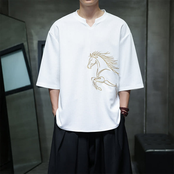 Buddha Stones 夏物カジュアルミニマリスト刺繍ホース柄コットンメンズ半袖Tシャツ - 白 - US/UK/AU46、 EU56 (5XL) - image 0